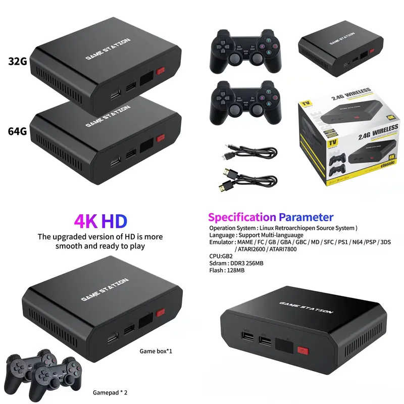 Gaming Console With Controller - เครื่องเล่นวิดีโอเกม M8plus HD พร้อมกล่องคอนโซล คอนโทรลเลอร์ไร้สายคู่ 2.4G